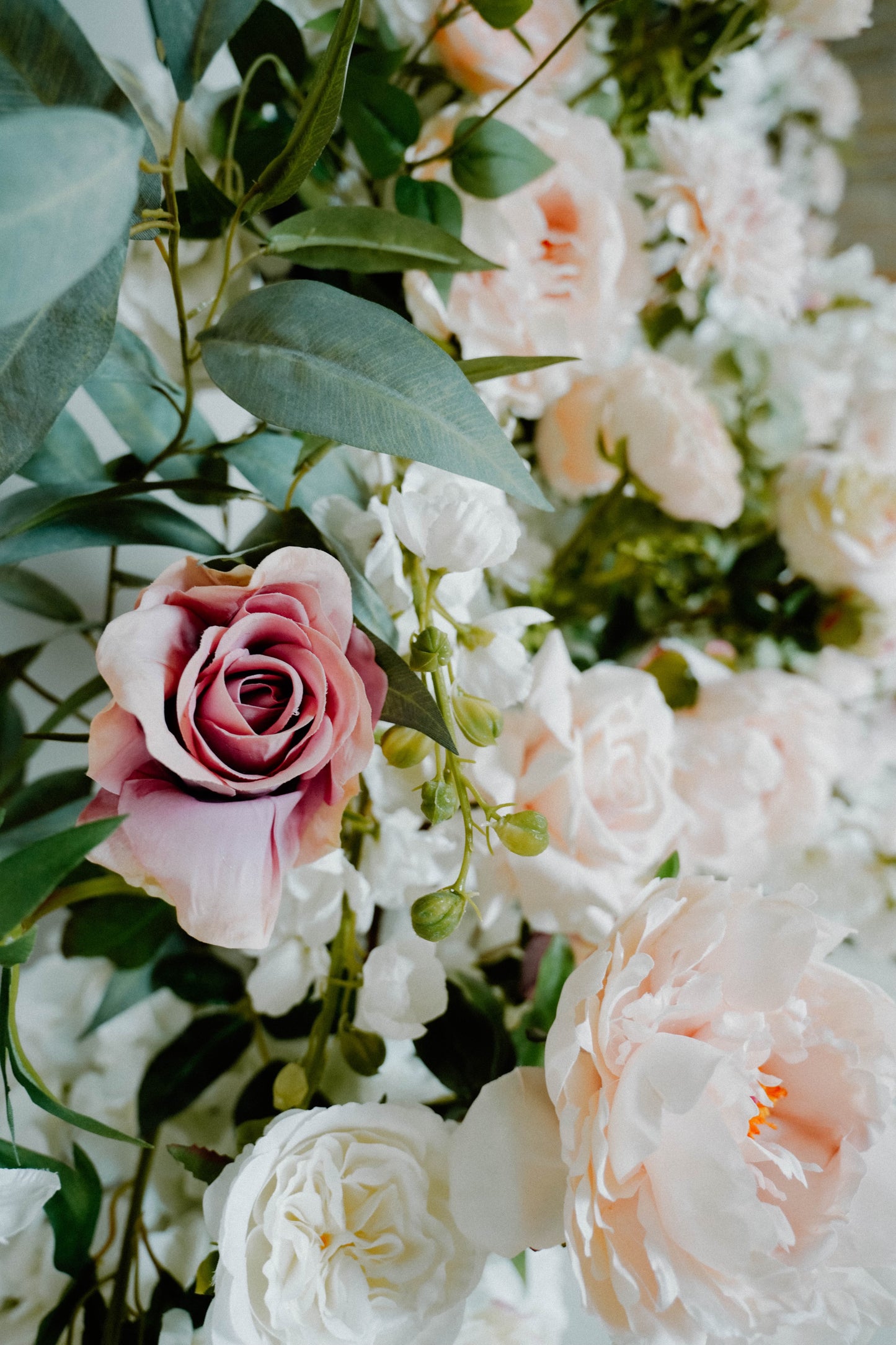 Closeup of Blooms on Floral Wedding Arch Rental in Milwaukee Wisconsin